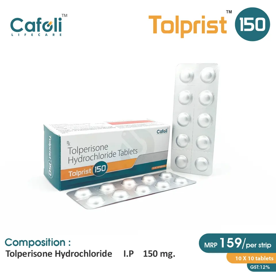 Tolperisone 150mg Tablet at best price in PCD Pharma Franchise for Muscle Spasm Relief.